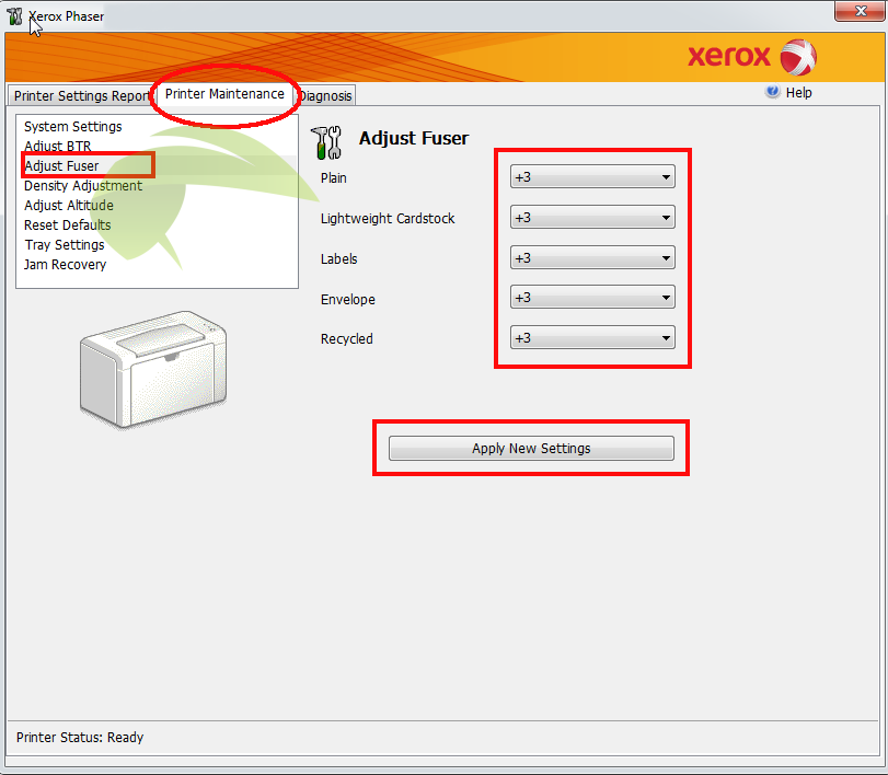 Nastavení teploty zapékací jednotky v tiskárně Xerox Phaser 3010 pomocí Nástroje pro nastavení tiskárny