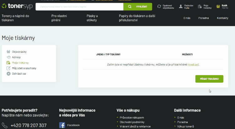 Uložení tiskáren v zákazníckém účtu