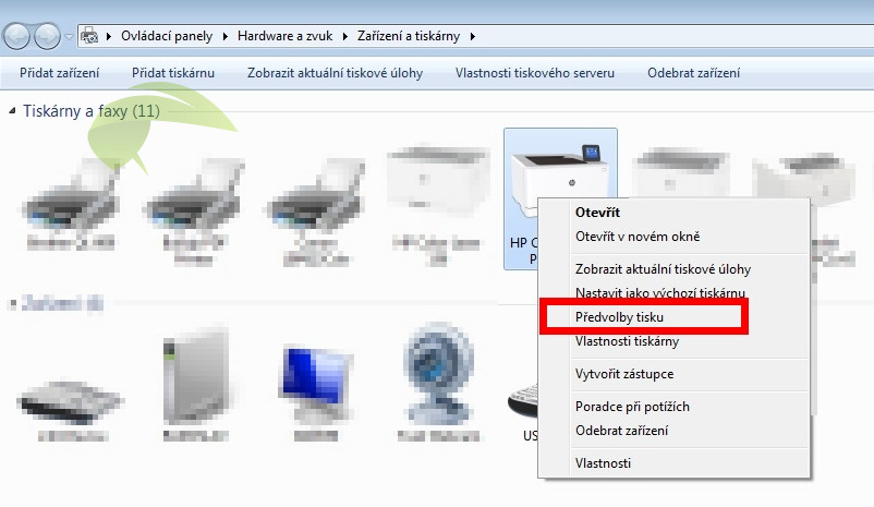 Nastavení předvoleb tisku v ovladacích panelech systému Windows