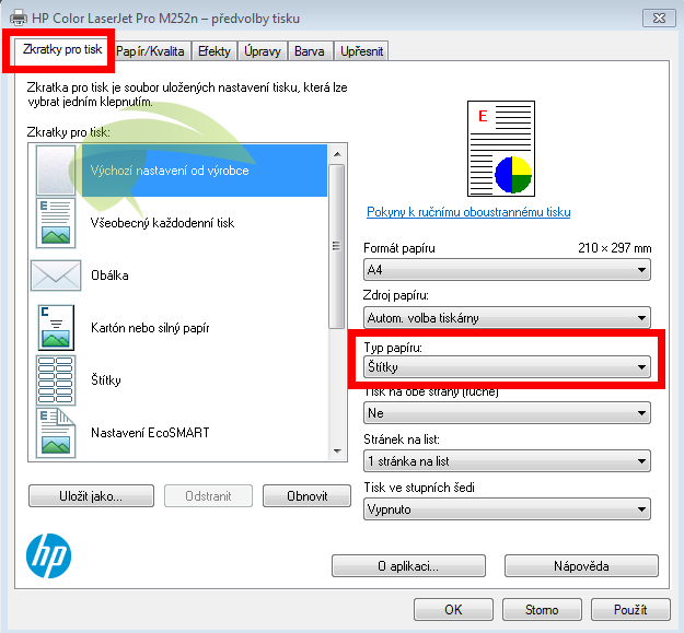 Nastavení typu papíru v tiskárnách HP