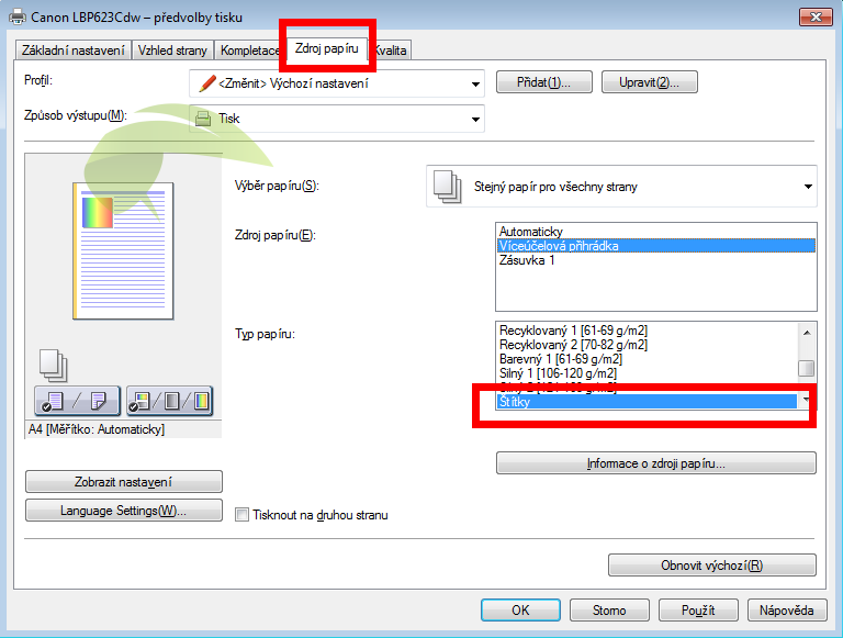 Nastavení typu papíru v tiskárnách Canon