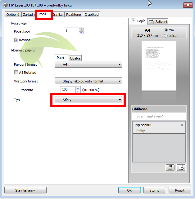 Nastavení typu papíru v tiskárnách Samsung/HP