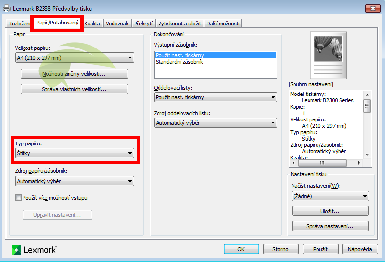Nastavení typu papíru v tiskárnách Lexmark