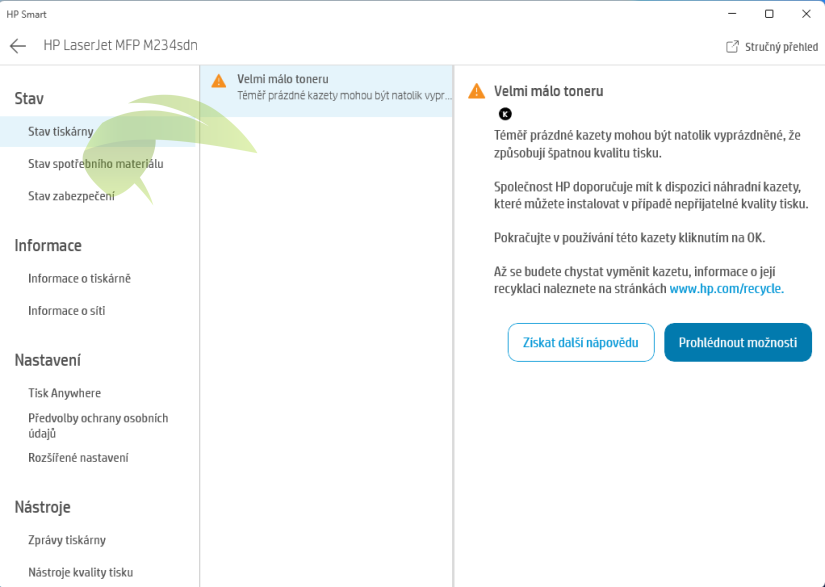 Chybové hlášení o prázdném toneru v tiskárně HP