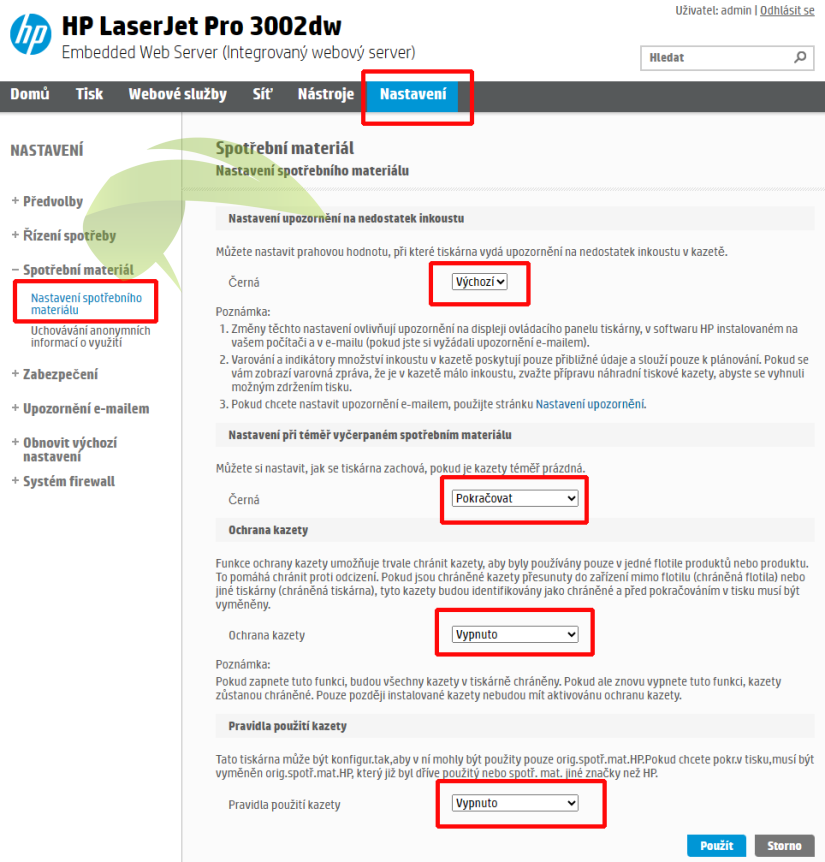 Nastavení tiskárny - W1390A, W1390X