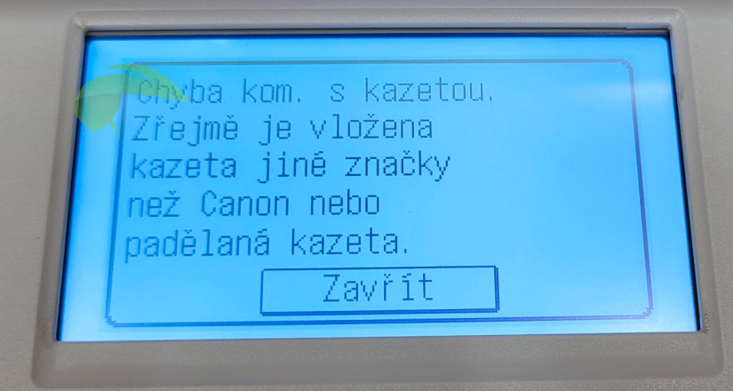 Hlášení tiskárny Canon po vložení kompatibilního toneru 072H bez čipu.