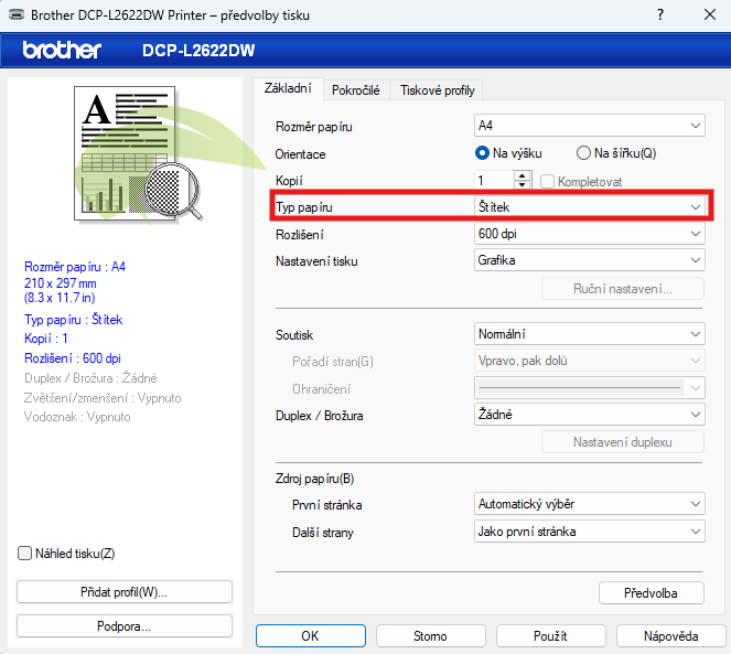 Nastavení typu papíru v tiskárnách Brother