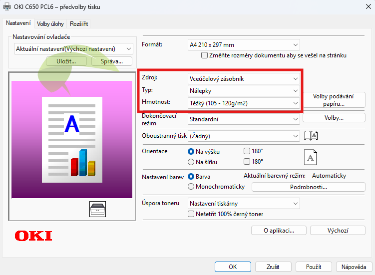 Nastavení typu papíru v tiskárnách OKI