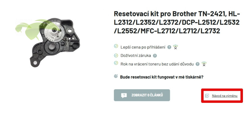 Návod na instalaci reseteru nebo resetovacího kitu najdete na stránce produktu po kliknutí na odkaz „Návod na výměnu“.