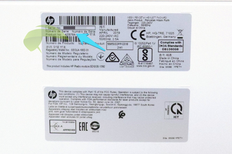 Informace na výrobním štítku tiskárny HP Laser 107w